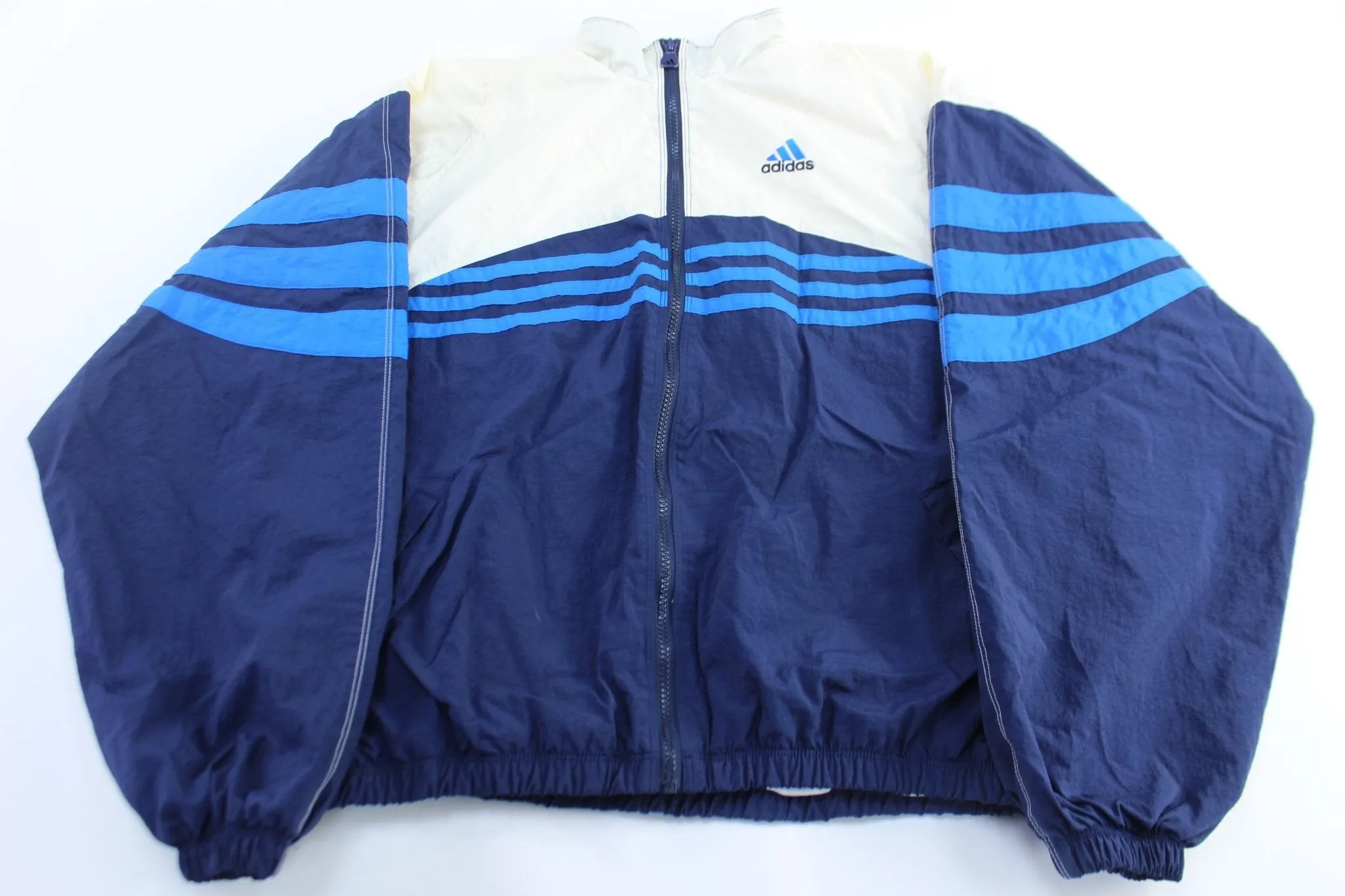 90's Adidas Embroidered Logo Blue & White Striped Windbreaker Pullover