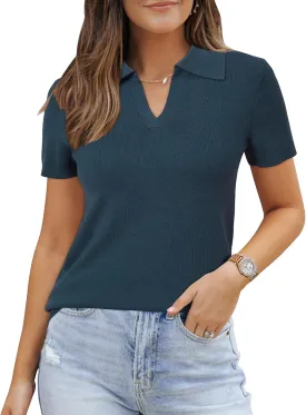 Arach&Cloz 2025 Women's Wool Blend Polo Shirts Spring Summer Tops Short Sleeve Soft Trendy Old Money Business Casual Outfits