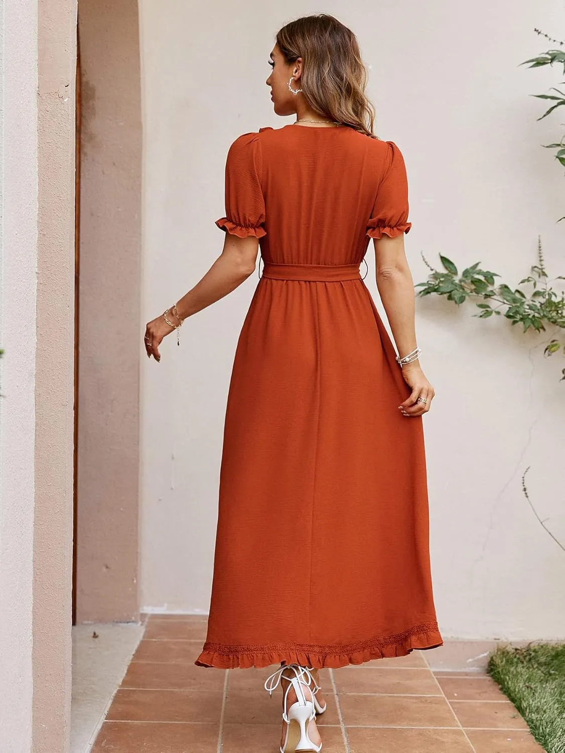 BerryGo Women's Fall Bridesmaid Long Sleeve Wrap Ruffle Belted Dress Boho Maternity Maxi Dress for Wedding Guest