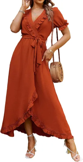 BerryGo Women's Fall Bridesmaid Long Sleeve Wrap Ruffle Belted Dress Boho Maternity Maxi Dress for Wedding Guest