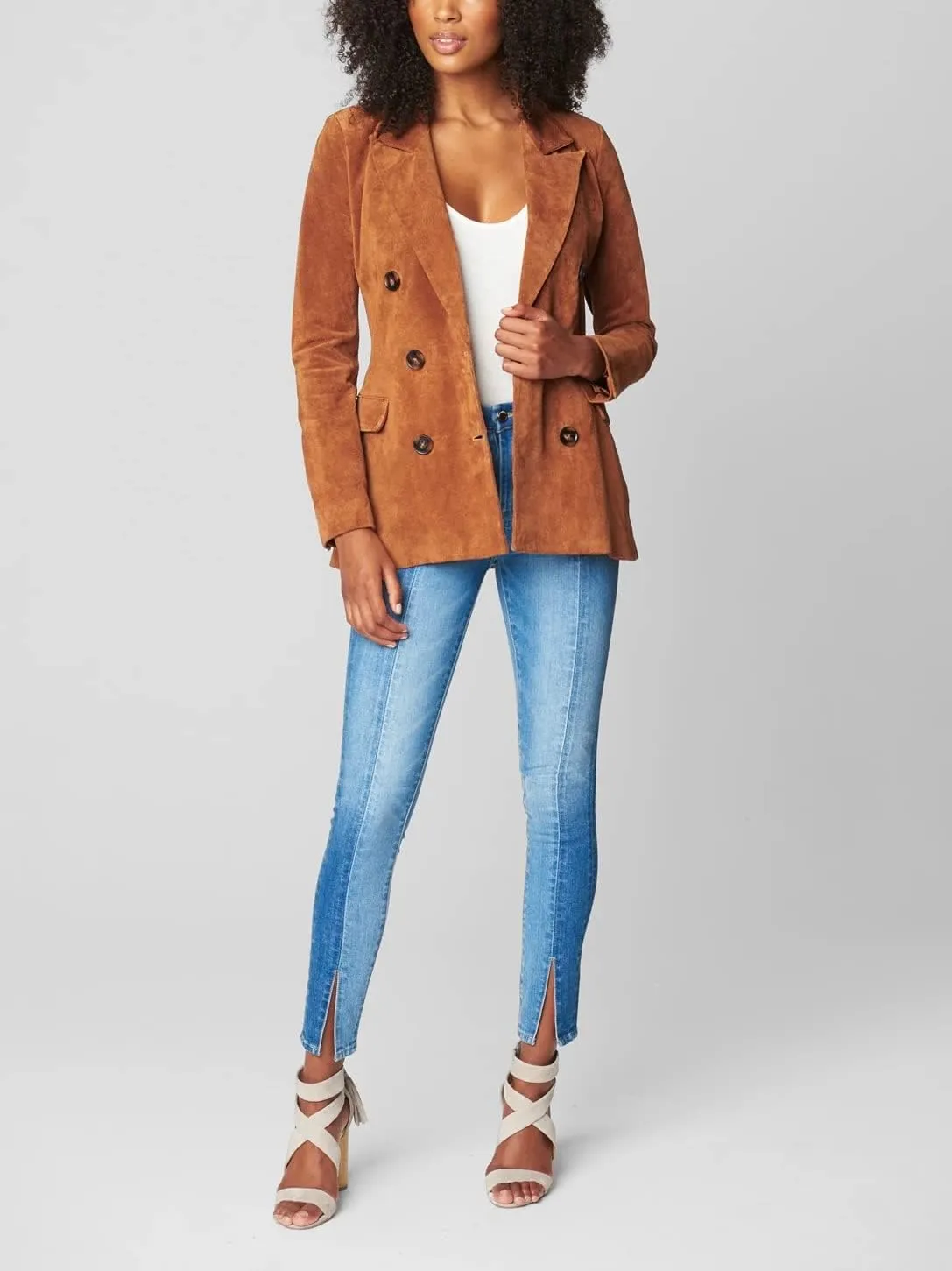 [BLANKNYC] Womens Real Suede Blazer, Double Breasted, Comfortable Jacket & Stylish Coat