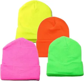 Brand. Wholesale 4 Pieces Unisex Neon Knit Long Cuff Ski Plain Beanie Hats Cap Solid Color Beany