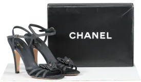 Chanel Black Leather Peep Toe CC LOGO Bow Detail Sandals UK 8 EU 41 👠