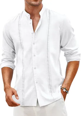 COOFANDY Men's Cuban Guayabera Shirts Casual Long Sleeve Button Down Shirts Band Collar Linen Summer Beach Shirts