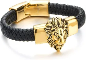 COOLSTEELANDBEYOND Mens Large Braided Leather Bracelet with Steel Lion and Genuine Leather Straps