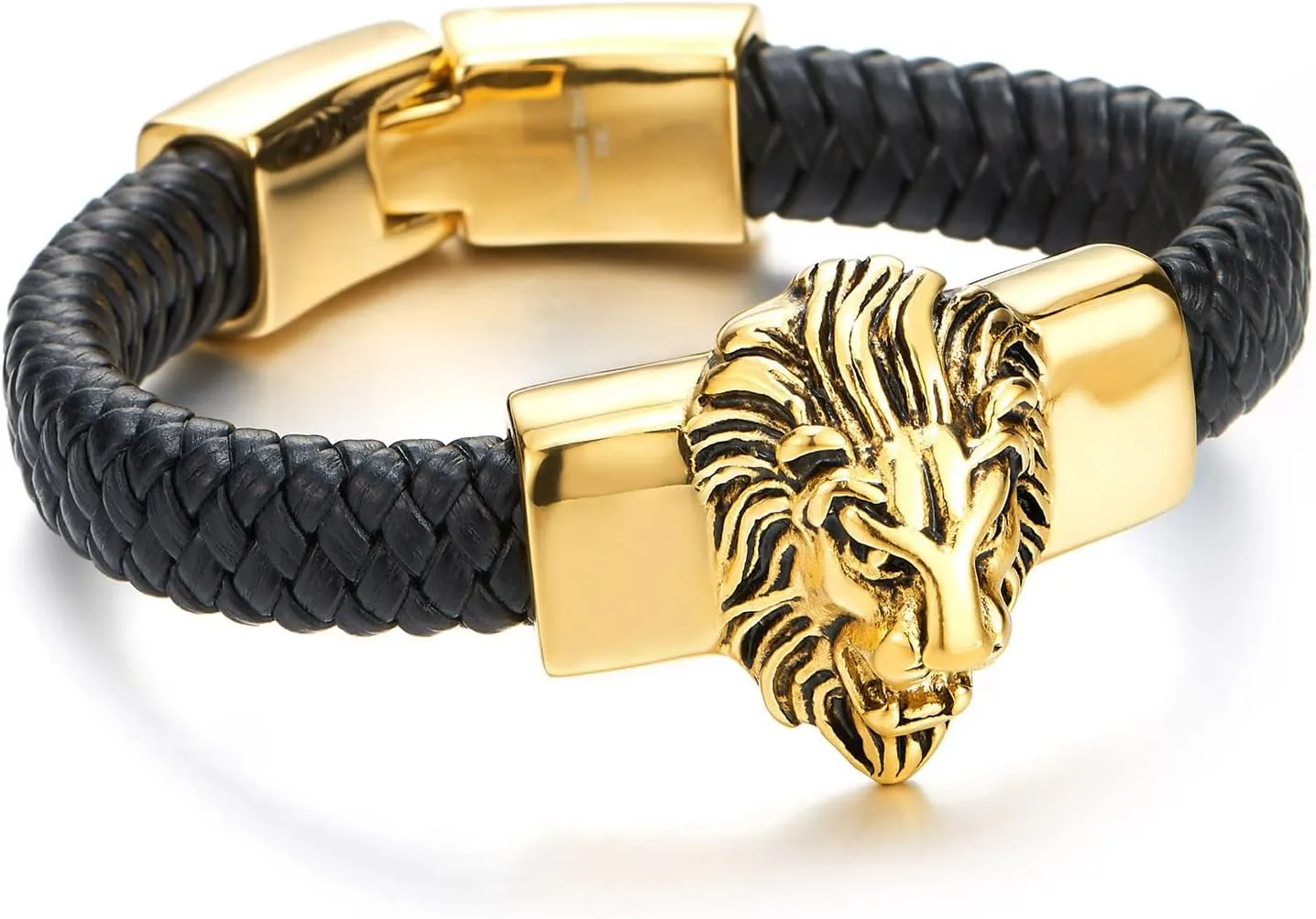 COOLSTEELANDBEYOND Mens Large Braided Leather Bracelet with Steel Lion and Genuine Leather Straps
