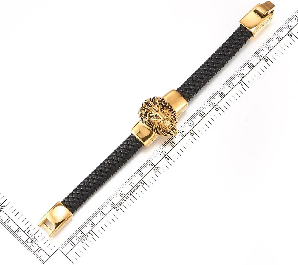 COOLSTEELANDBEYOND Mens Large Braided Leather Bracelet with Steel Lion and Genuine Leather Straps