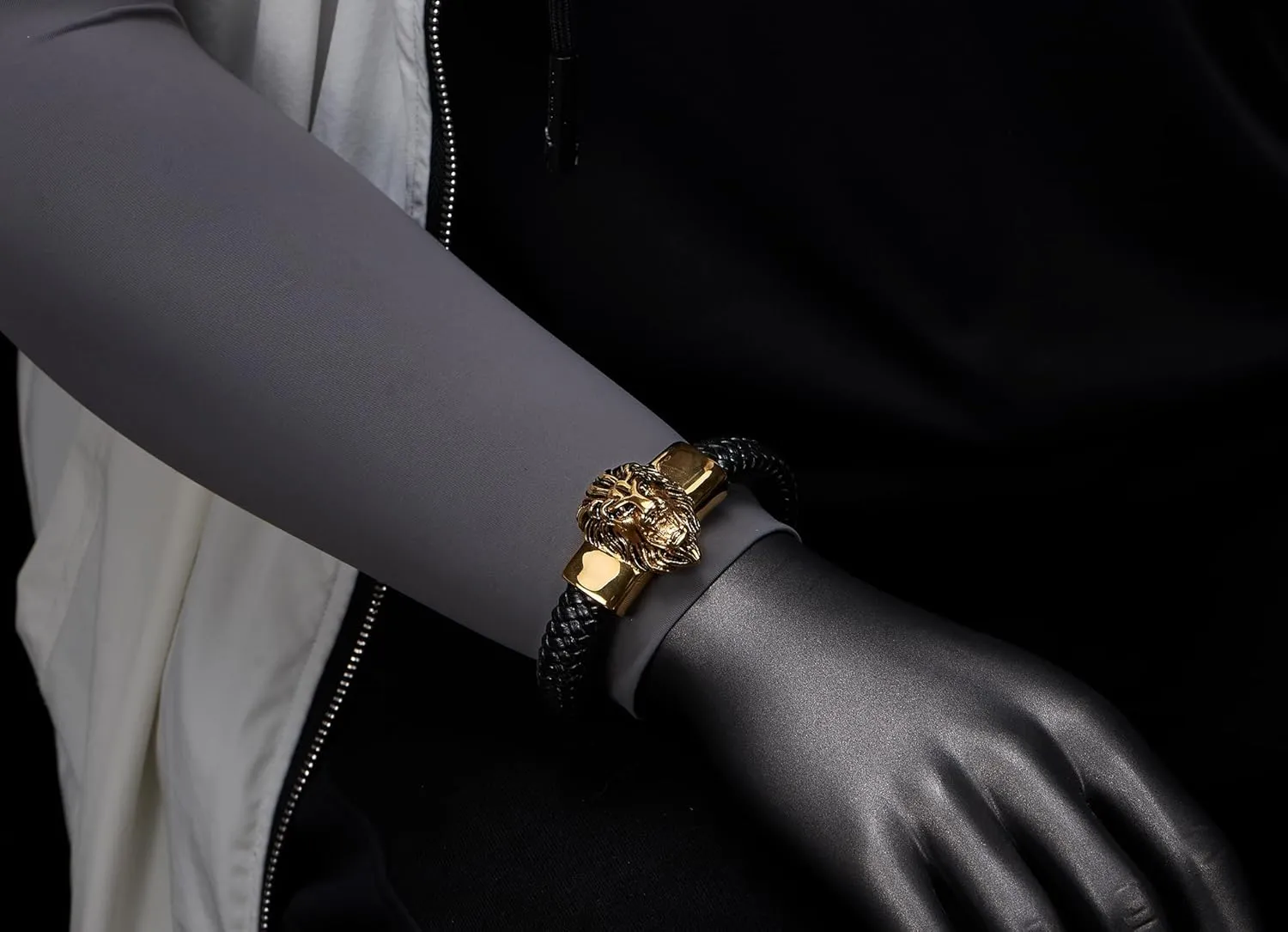 COOLSTEELANDBEYOND Mens Large Braided Leather Bracelet with Steel Lion and Genuine Leather Straps