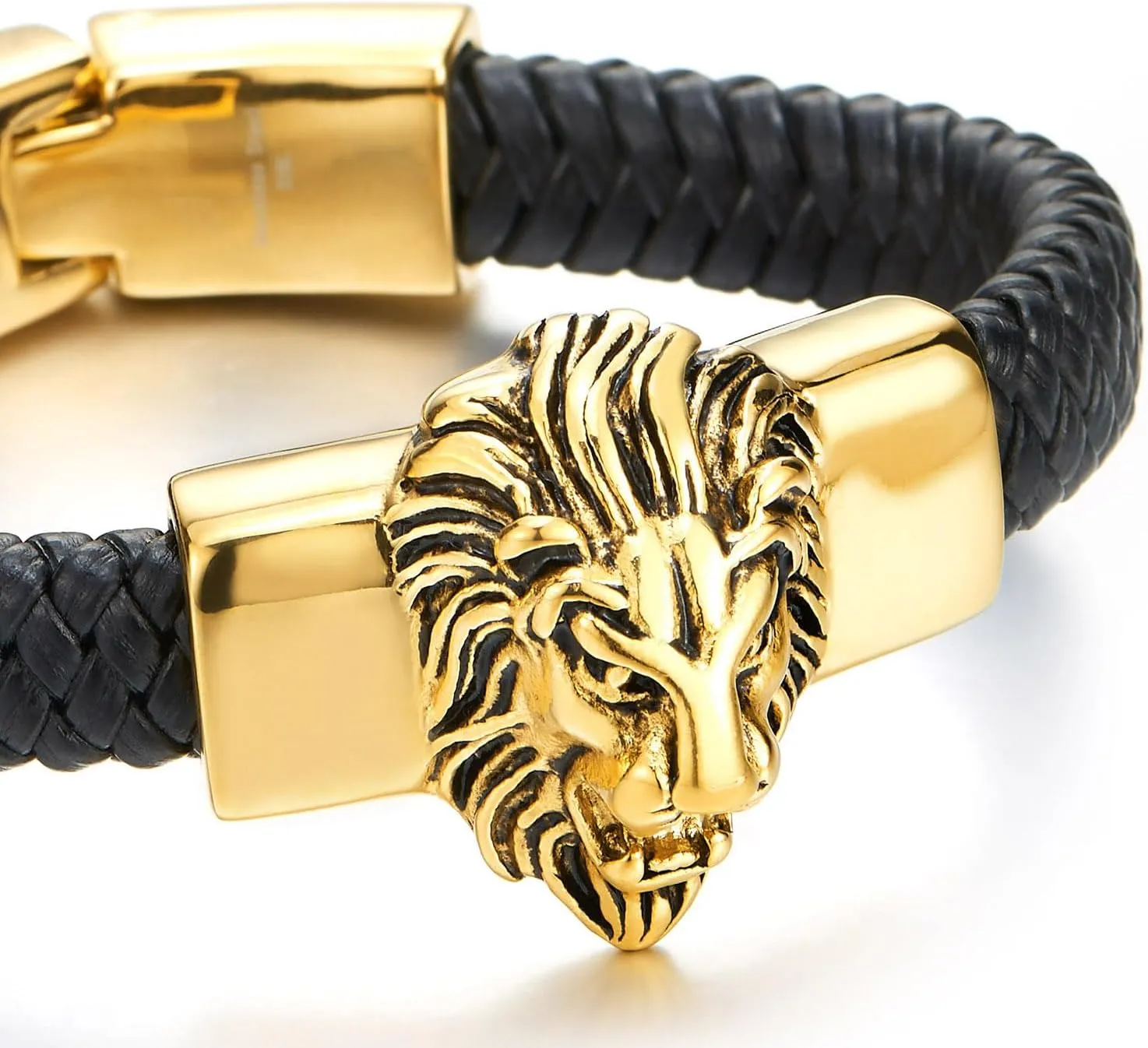 COOLSTEELANDBEYOND Mens Large Braided Leather Bracelet with Steel Lion and Genuine Leather Straps
