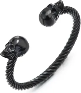 COOLSTEELANDBEYOND Mens Womens Skull Twisted Cable Cuff Bangle Bracelet, Stainless Steel, Polished, Elastic Adjustable