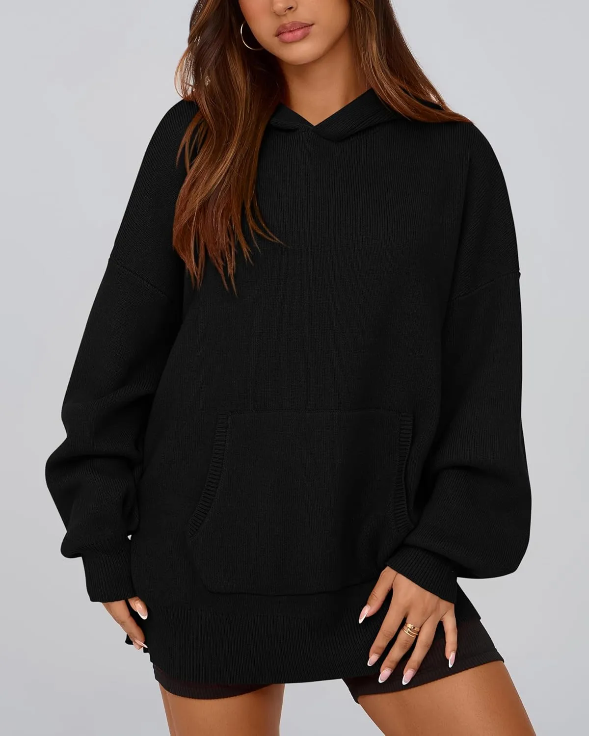 dowerme Women Oversized Sweaters 2025 Lantern Long Sleeve Drop Shoulder Chunky Knit Hooded Pullover Sweater with Pocket