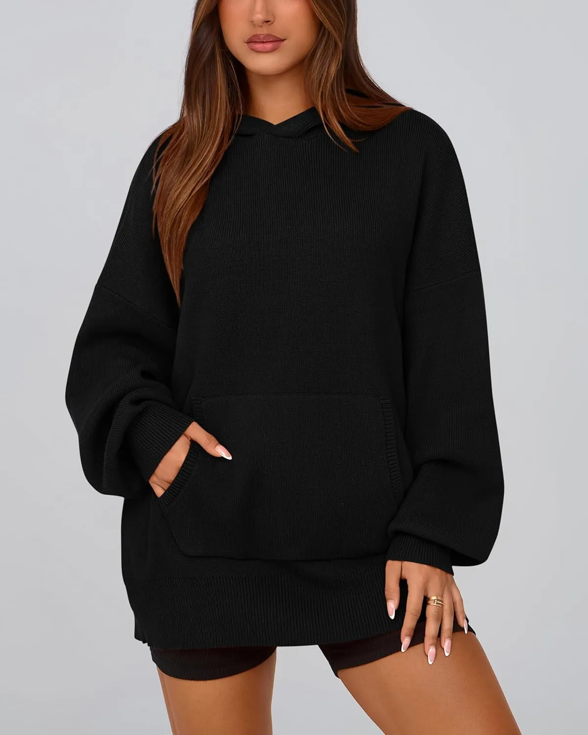 dowerme Women Oversized Sweaters 2025 Lantern Long Sleeve Drop Shoulder Chunky Knit Hooded Pullover Sweater with Pocket