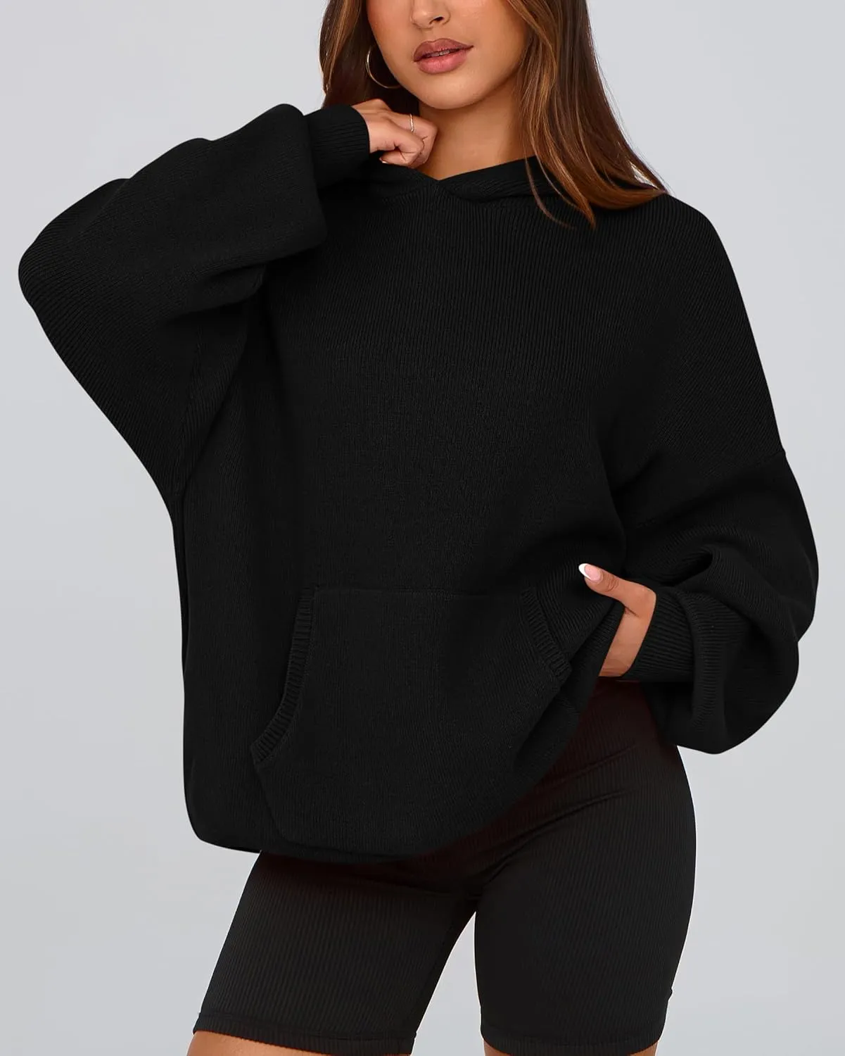 dowerme Women Oversized Sweaters 2025 Lantern Long Sleeve Drop Shoulder Chunky Knit Hooded Pullover Sweater with Pocket