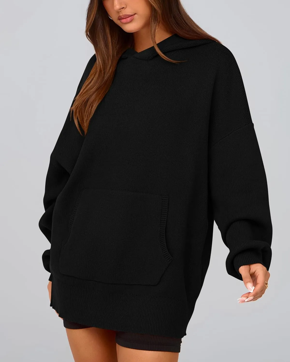 dowerme Women Oversized Sweaters 2025 Lantern Long Sleeve Drop Shoulder Chunky Knit Hooded Pullover Sweater with Pocket