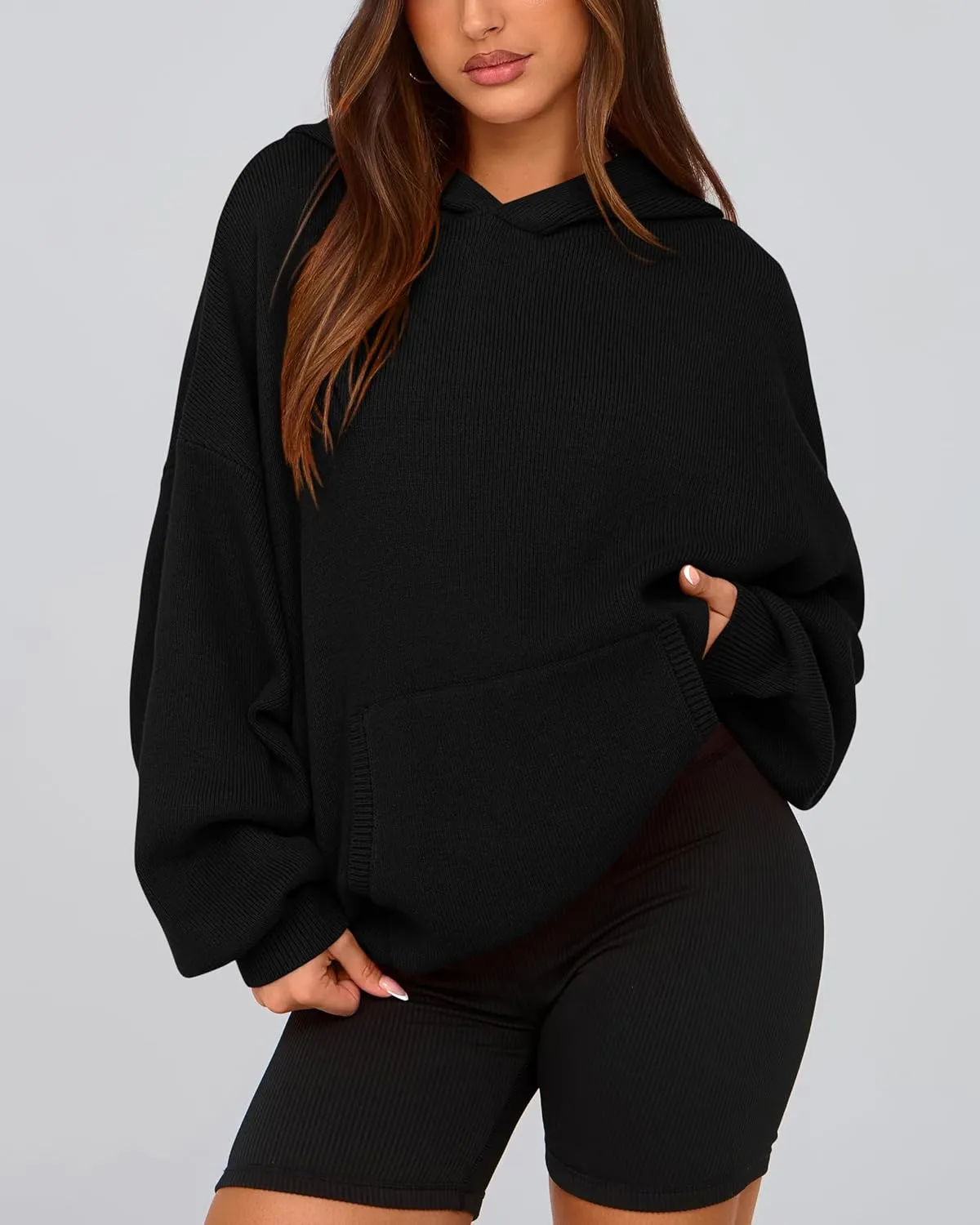 dowerme Women Oversized Sweaters 2025 Lantern Long Sleeve Drop Shoulder Chunky Knit Hooded Pullover Sweater with Pocket