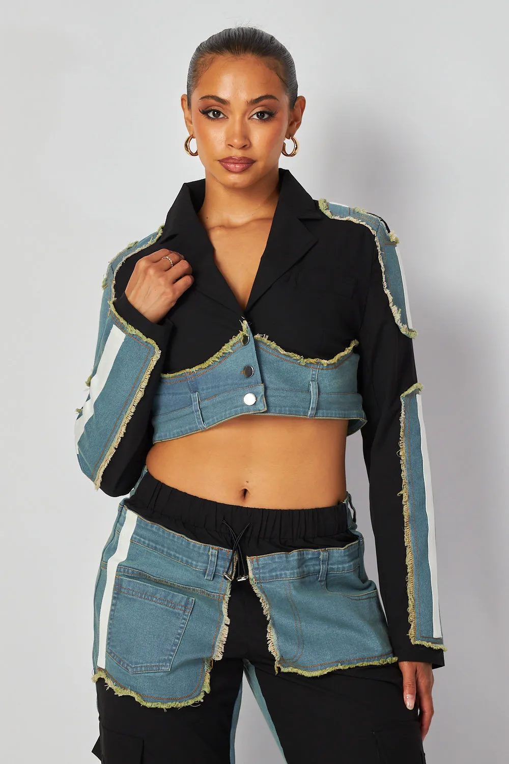 Eliana Denim Contrast Crop Blazer Jacket