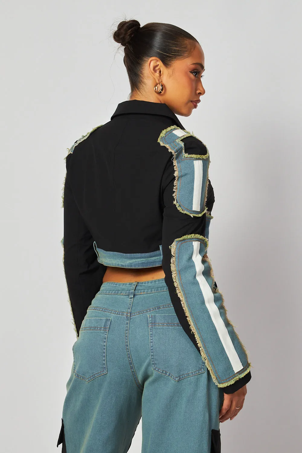 Eliana Denim Contrast Crop Blazer Jacket