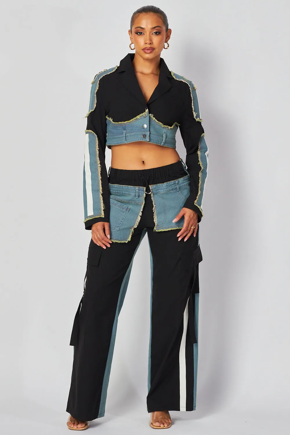 Eliana Denim Contrast Crop Blazer Jacket