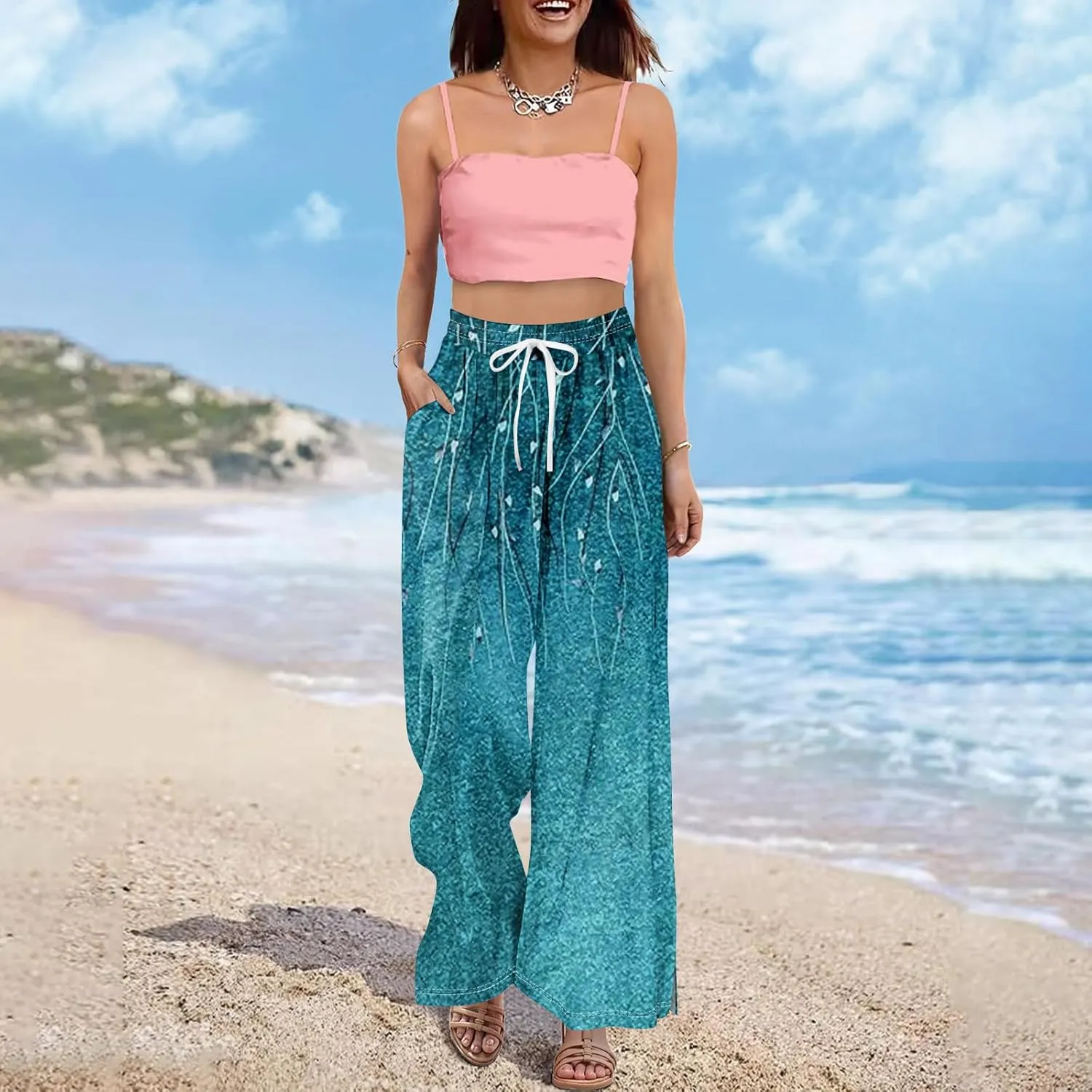 Floral Pants for Women 2025 Elastic Waist Wide Leg Casual Summer Drawstring Pants Beach Vacation Trousers with Pockets