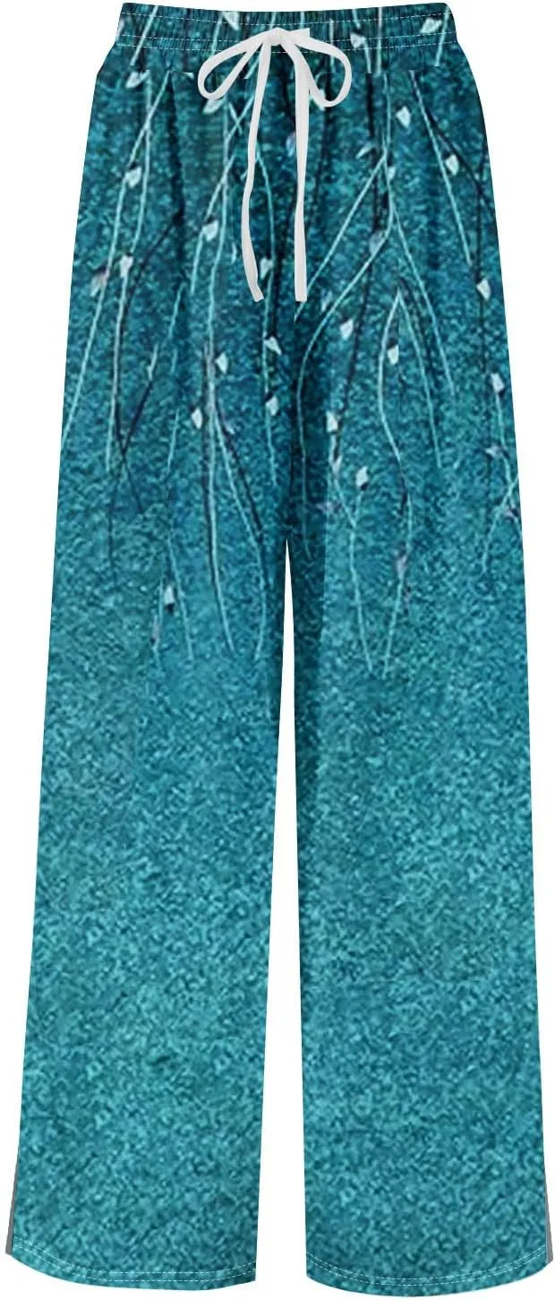 Floral Pants for Women 2025 Elastic Waist Wide Leg Casual Summer Drawstring Pants Beach Vacation Trousers with Pockets
