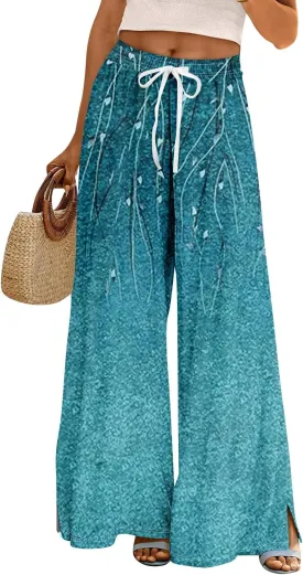 Floral Pants for Women 2025 Elastic Waist Wide Leg Casual Summer Drawstring Pants Beach Vacation Trousers with Pockets