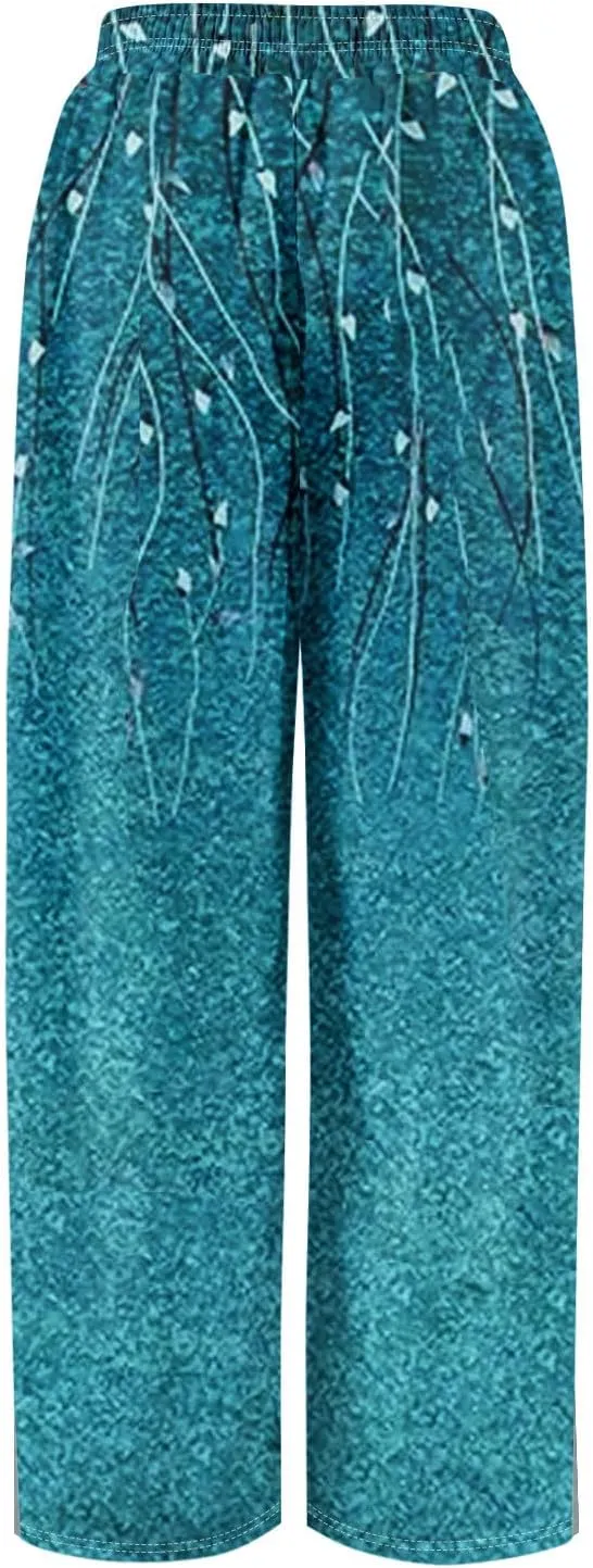 Floral Pants for Women 2025 Elastic Waist Wide Leg Casual Summer Drawstring Pants Beach Vacation Trousers with Pockets
