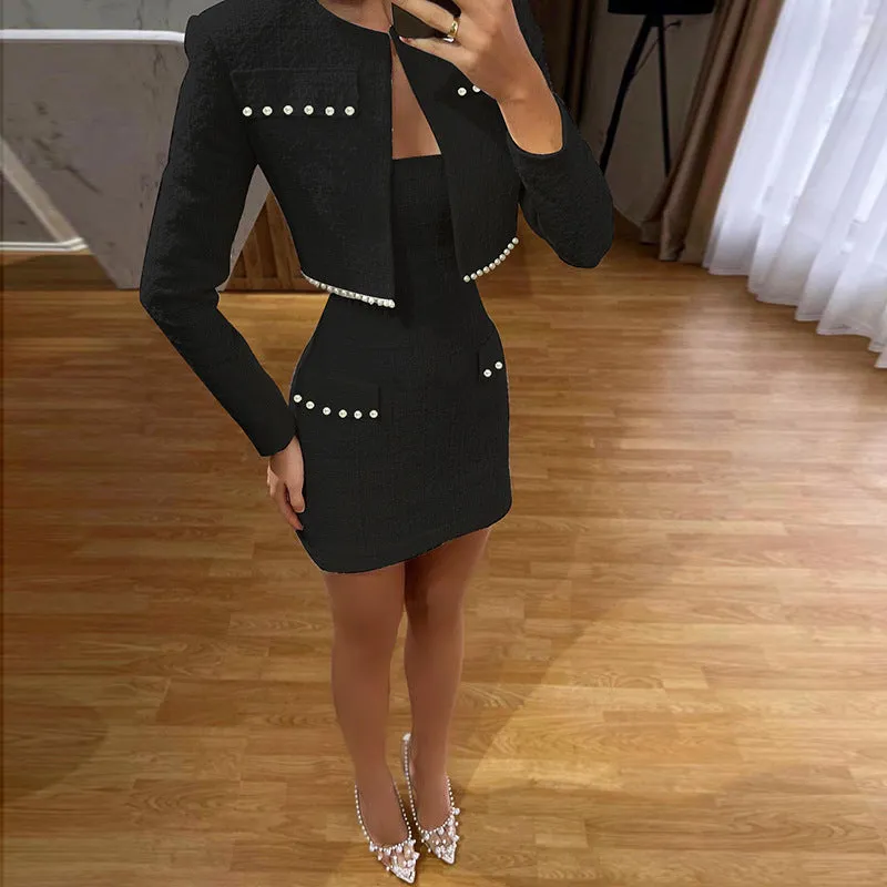 Girlary-shop birthday outfit Autumn New Long-Sleeved Coat Fashionable Socialite Elegant Slim-Fit Suspender Skirt
