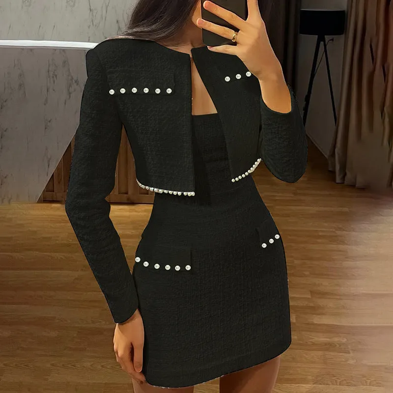 Girlary-shop birthday outfit Autumn New Long-Sleeved Coat Fashionable Socialite Elegant Slim-Fit Suspender Skirt
