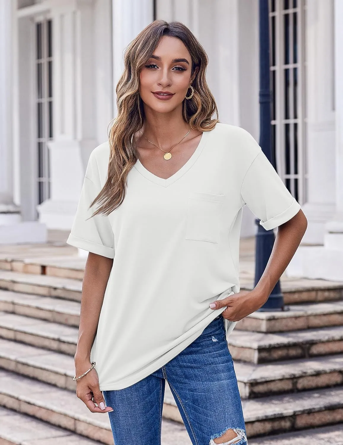 HOTOUCH Women Oversized T Shirts V Neck Short Sleeve Tees Casual Loose Tunic Summer Tops with Pocket