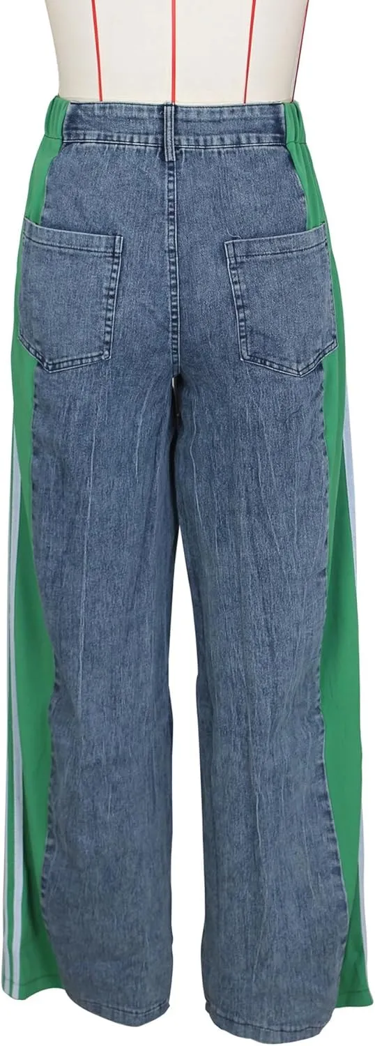 KELYWELL Women's High Waisted Two Tone Jeans Color Block Floor Length Wide Leg Denim Pants Stretch Baggy Jeans Trousers
