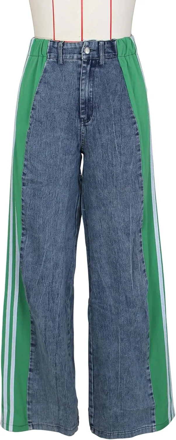 KELYWELL Women's High Waisted Two Tone Jeans Color Block Floor Length Wide Leg Denim Pants Stretch Baggy Jeans Trousers