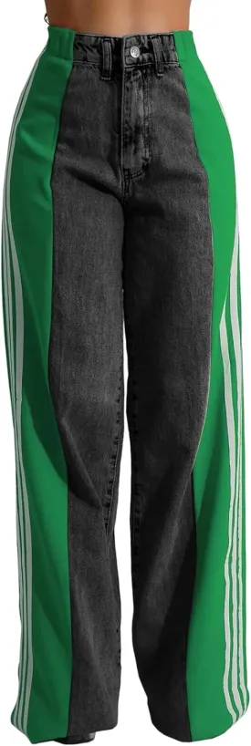 KELYWELL Women's High Waisted Two Tone Jeans Color Block Floor Length Wide Leg Denim Pants Stretch Baggy Jeans Trousers