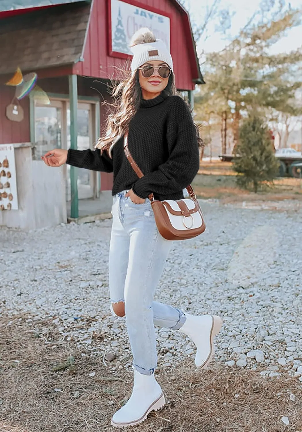 Lynwitkui Women Turtleneck Sweaters Batwing Sleeve Casual Loose Chunky Pullover Sweater Knit Tops