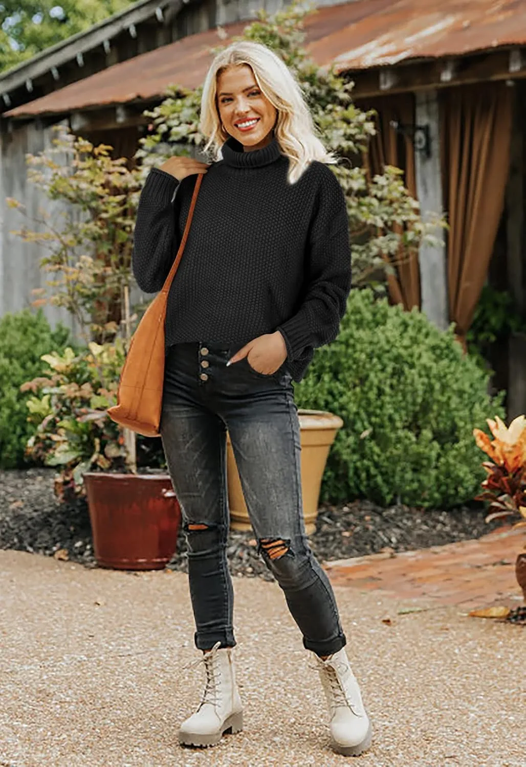 Lynwitkui Women Turtleneck Sweaters Batwing Sleeve Casual Loose Chunky Pullover Sweater Knit Tops