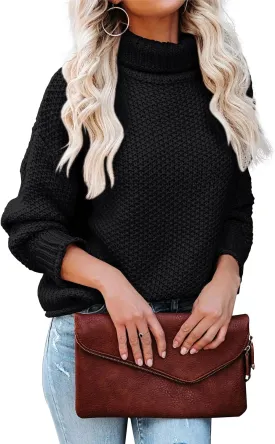 Lynwitkui Women Turtleneck Sweaters Batwing Sleeve Casual Loose Chunky Pullover Sweater Knit Tops