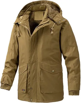 Men's Cargo Jacket 2023 Winter Warm Coats Fleece Lined Jackets with Removable Hood Ski Snow Mountain Windproof Overcoat