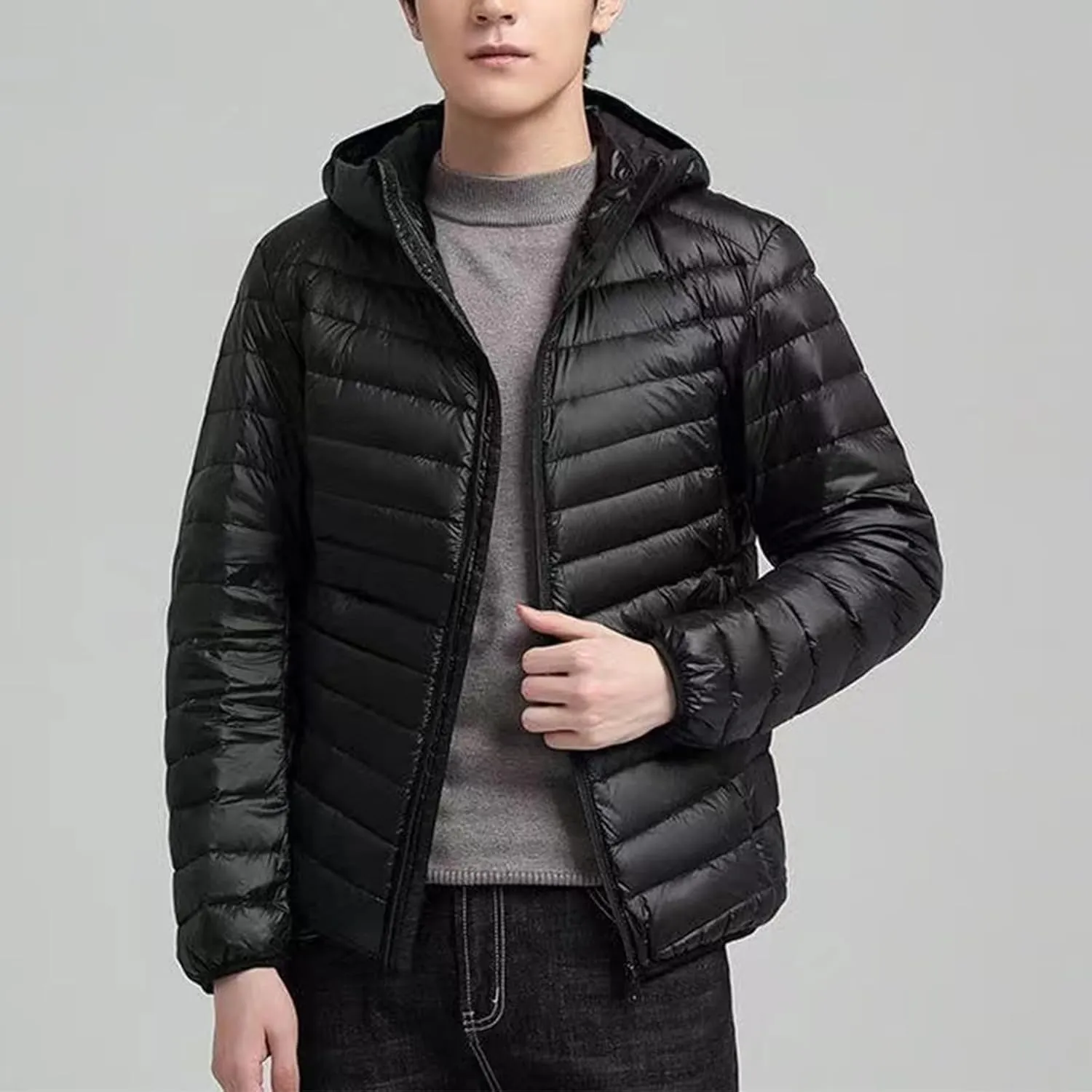 Men's Puffer Jacket Lightweight Hooded Down Jacket Packable Quilted Jacket Plus Size Winter Coat Warm Insulated Jacket