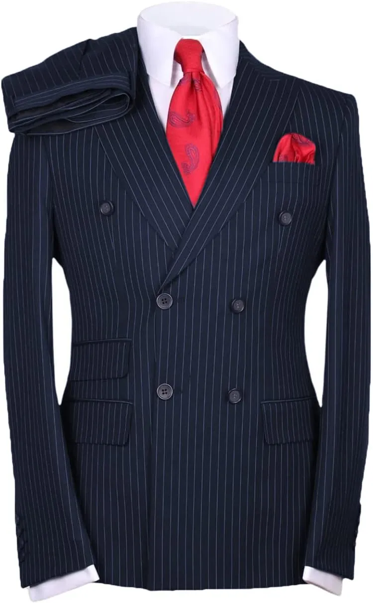 Men's Suits Slim Fit 2 Pieces Double Breasted Pinstripe Prom Tuxedos Business Blazer Pants Working Jacket