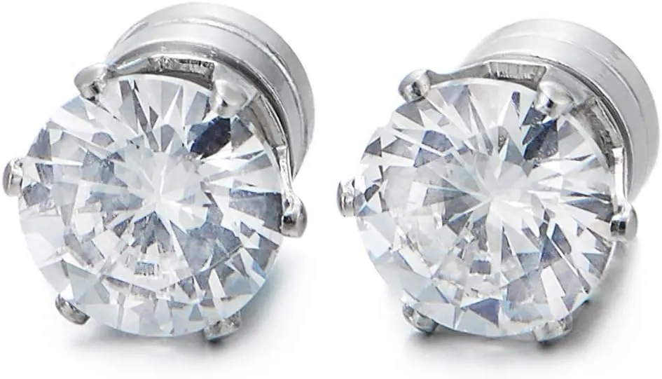 Mens Womens Magnetic Cubic Zirconia Stud Earrings, Steel, Non-Piercing Clip On Cheater Fake Ear