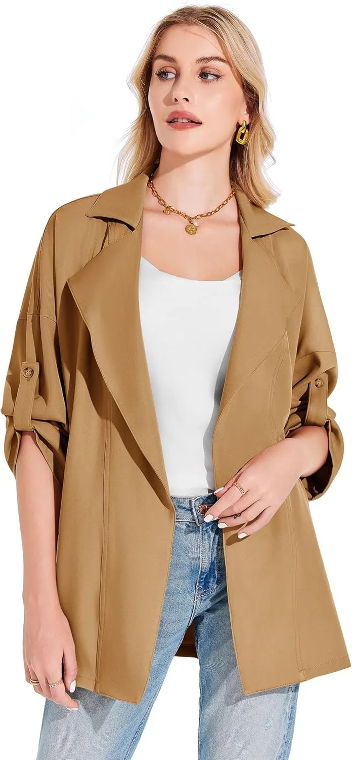 Onedreamer Women's Long Sleeve Roll Up Open Front Casual Jackets Trendy Lapel Collar Lightweight Blazer with Pockets