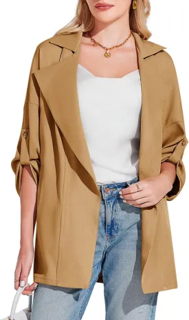 Onedreamer Women's Long Sleeve Roll Up Open Front Casual Jackets Trendy Lapel Collar Lightweight Blazer with Pockets