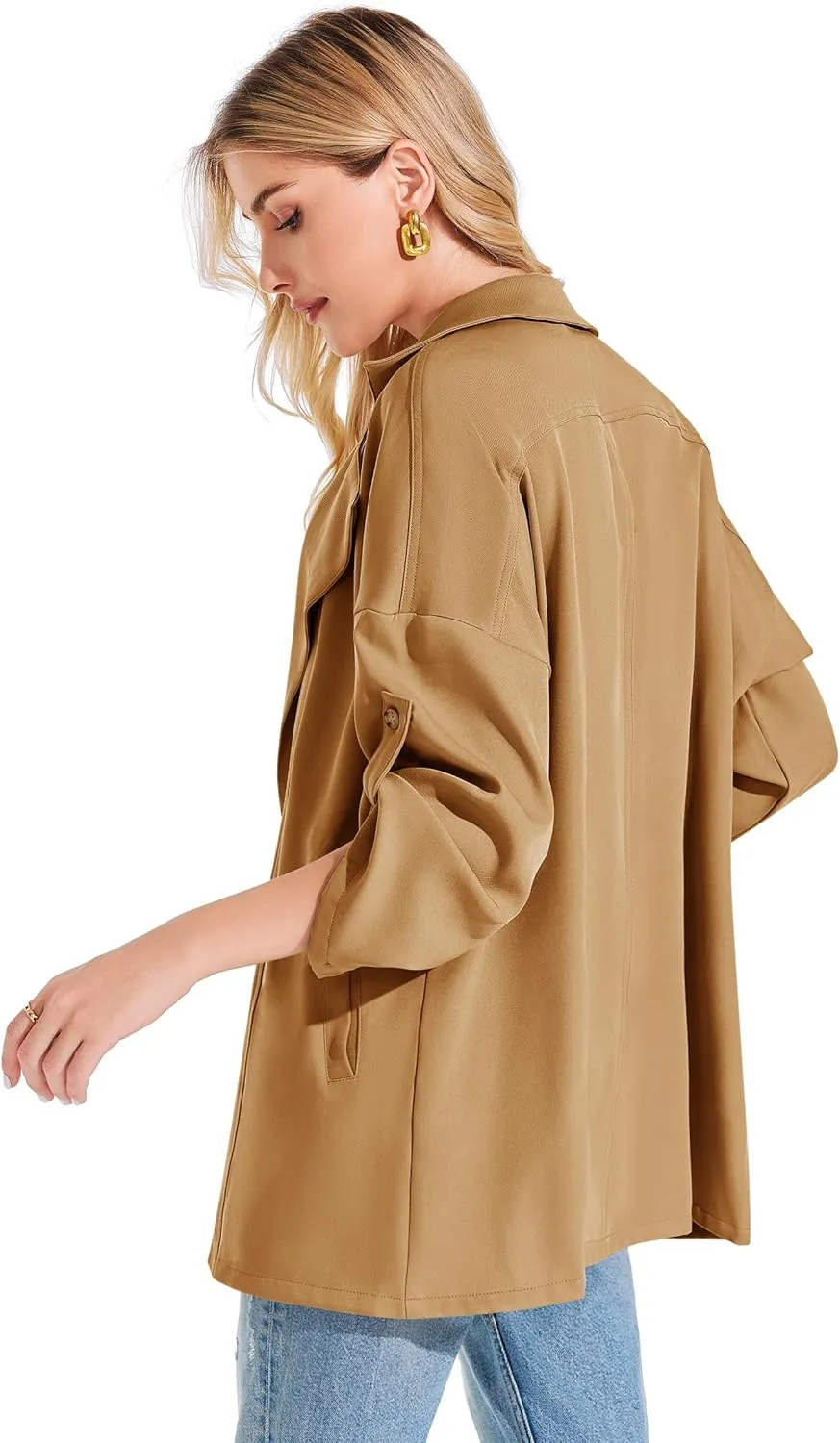 Onedreamer Women's Long Sleeve Roll Up Open Front Casual Jackets Trendy Lapel Collar Lightweight Blazer with Pockets