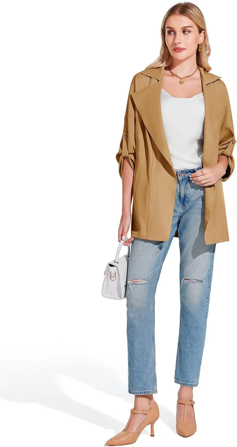 Onedreamer Women's Long Sleeve Roll Up Open Front Casual Jackets Trendy Lapel Collar Lightweight Blazer with Pockets