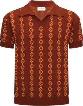 OXKNIT Men's Dark Brown Knit Polo Shirt 1960s Mod Style Vintage Shirts V-Neck Golf Polo T Shirts