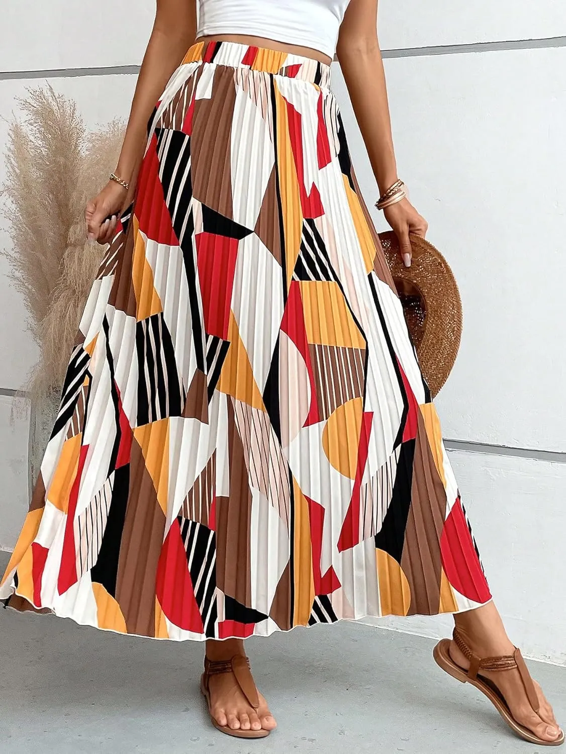 OYOANGLE Women's Boho Geo Print Elastic High Waist Flowy Pleated Maxi Skirt Vacation Skirts