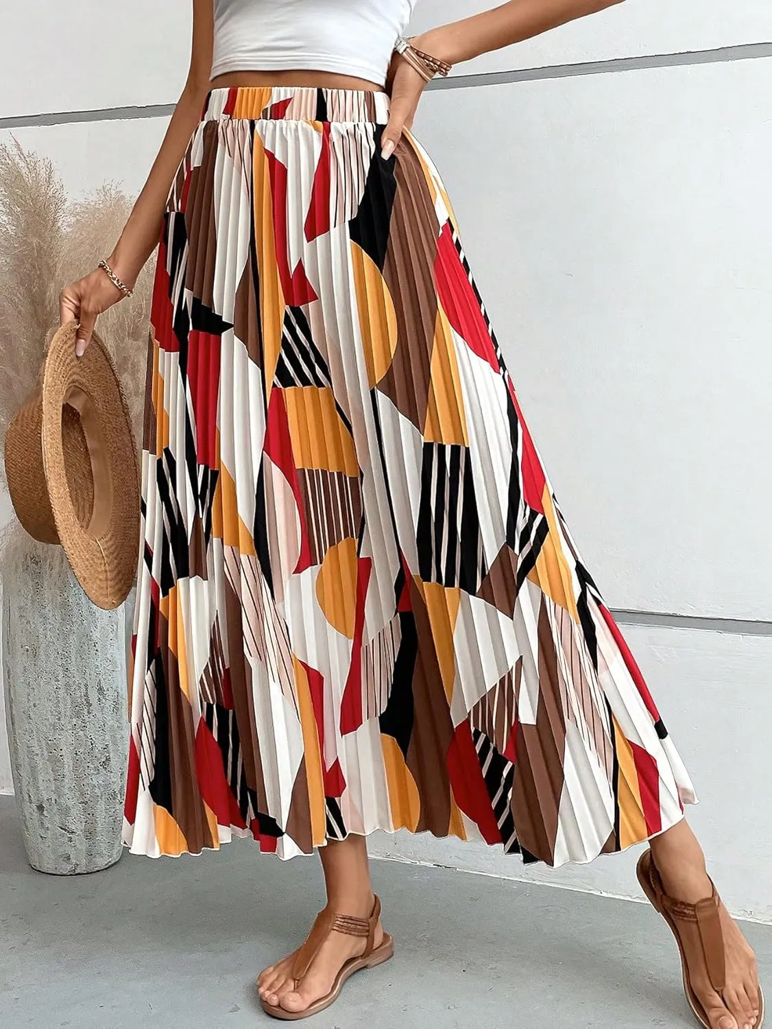 OYOANGLE Women's Boho Geo Print Elastic High Waist Flowy Pleated Maxi Skirt Vacation Skirts
