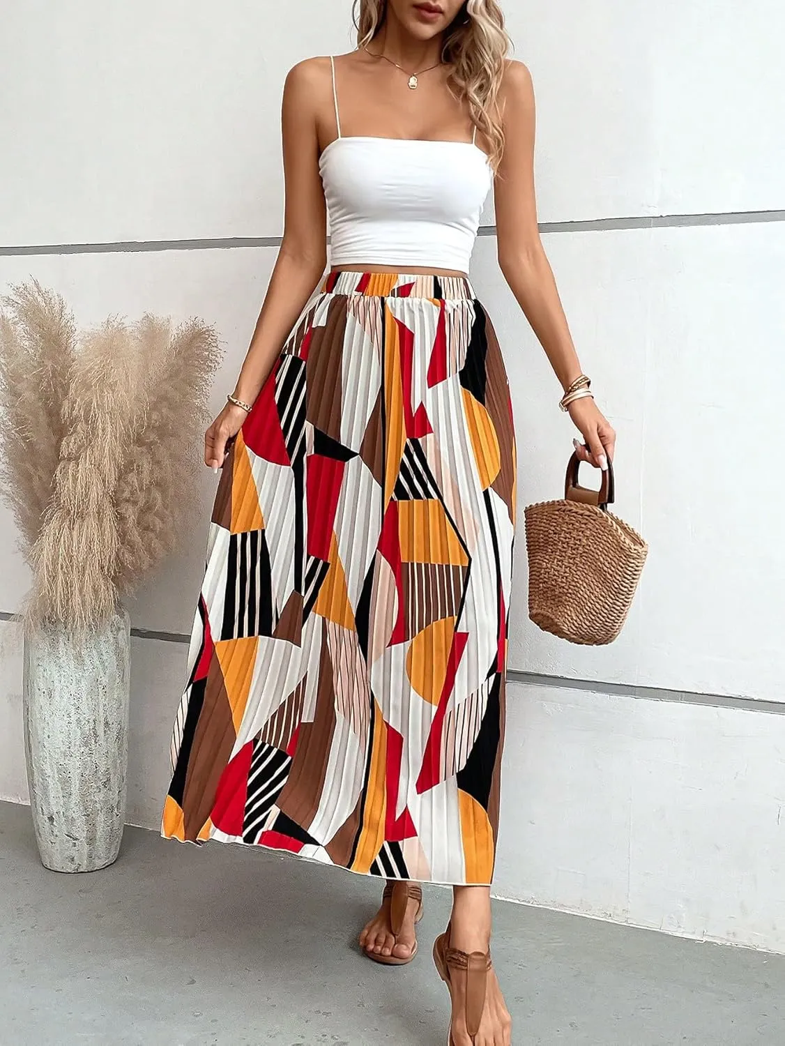 OYOANGLE Women's Boho Geo Print Elastic High Waist Flowy Pleated Maxi Skirt Vacation Skirts