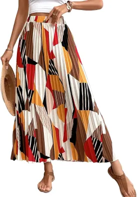 OYOANGLE Women's Boho Geo Print Elastic High Waist Flowy Pleated Maxi Skirt Vacation Skirts