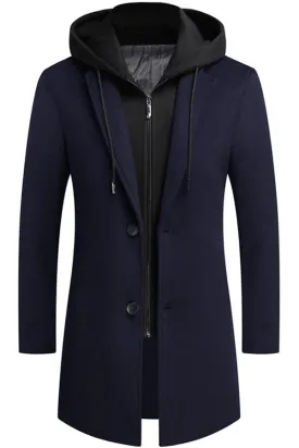 Removable hat, medium long casual woolen coat