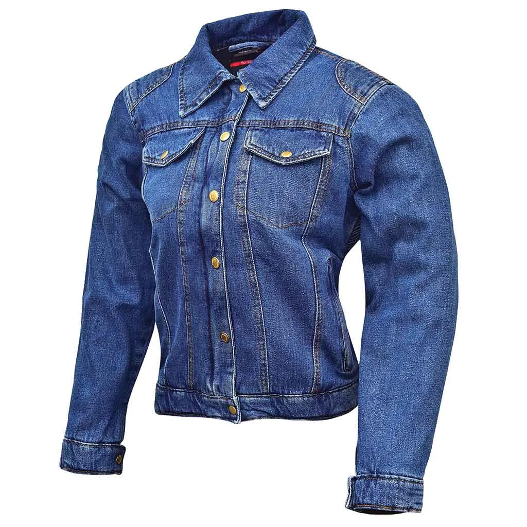 RIDERACT® Women Denim Jacket Motorcycle Reinforced Biker Denim Jacket Road Rush Blue